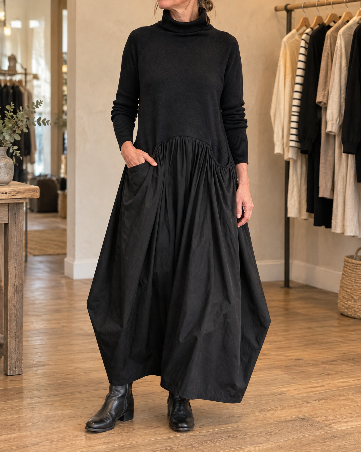 Genevieve | Turtleneck Gathered Maxi Dress