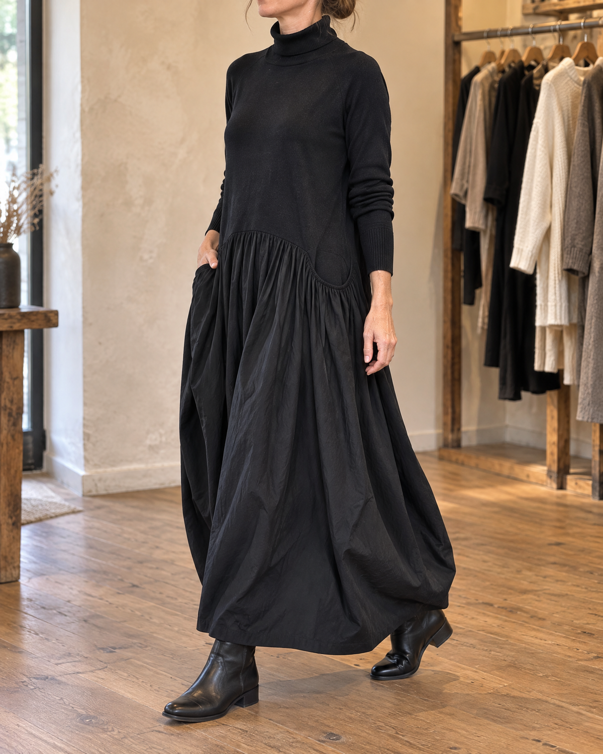 Genevieve | Turtleneck Gathered Maxi Dress