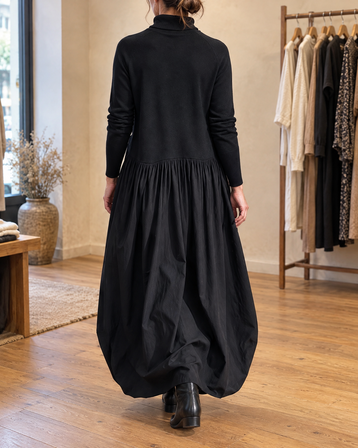 Genevieve | Turtleneck Gathered Maxi Dress