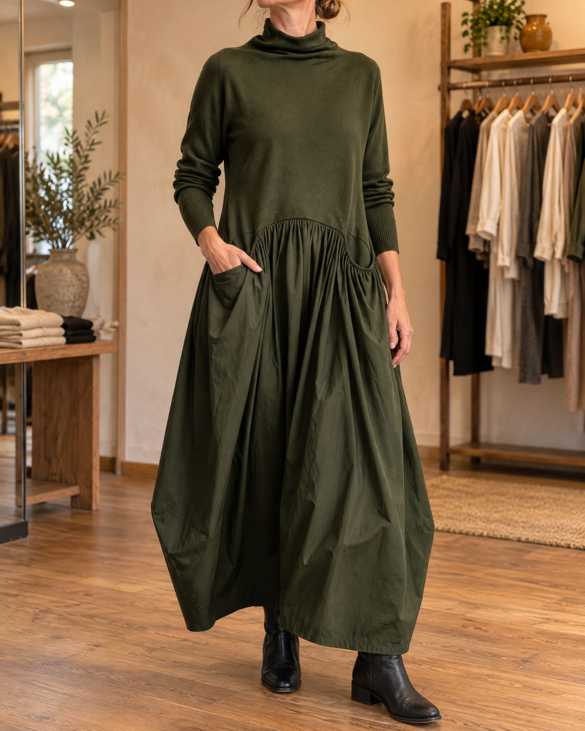 Genevieve | Turtleneck Gathered Maxi Dress