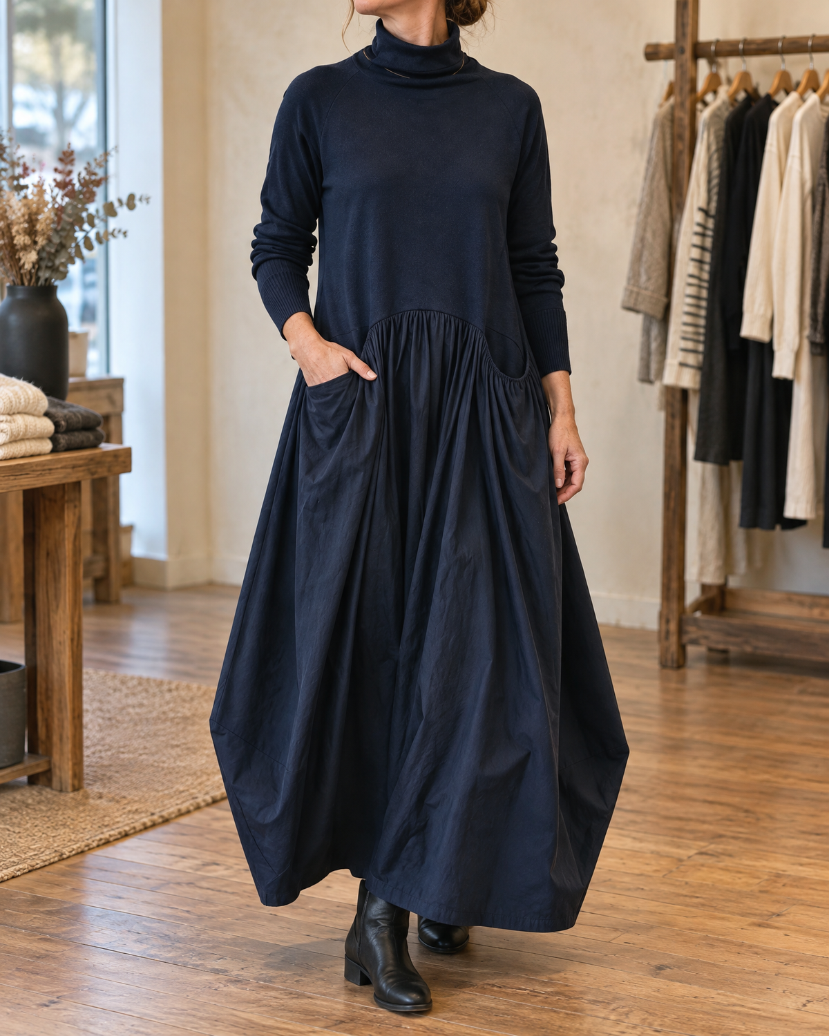 Genevieve | Turtleneck Gathered Maxi Dress