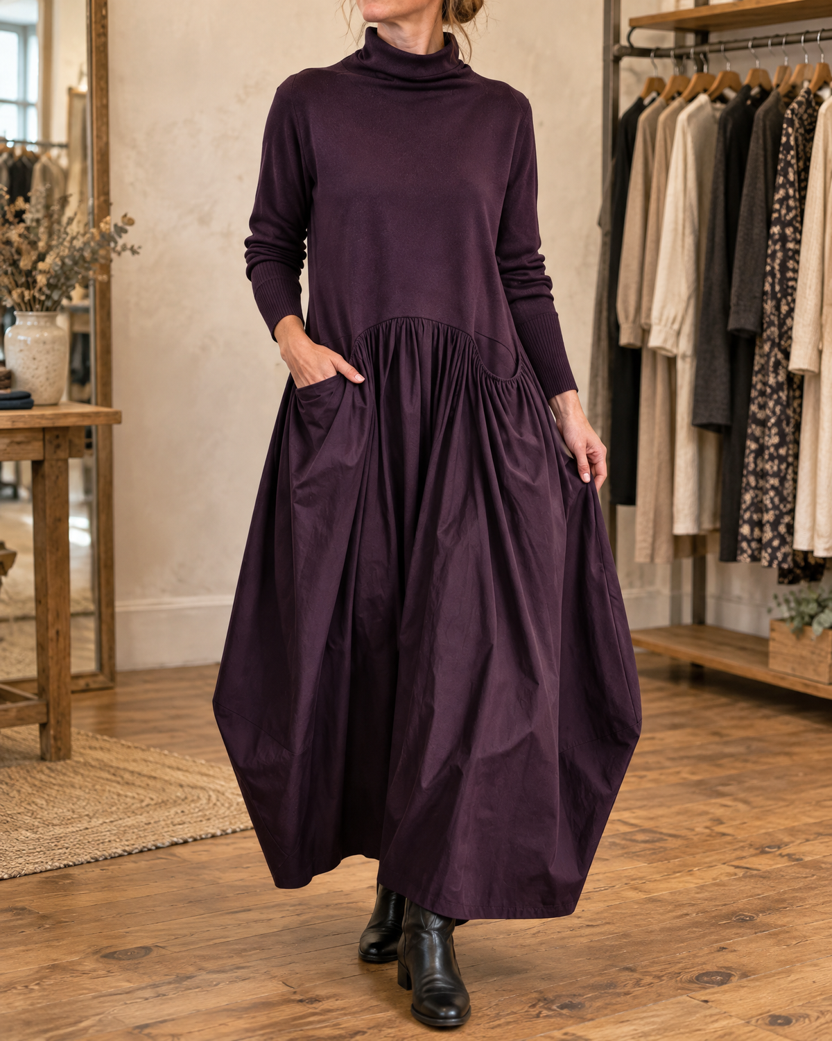Genevieve | Turtleneck Gathered Maxi Dress