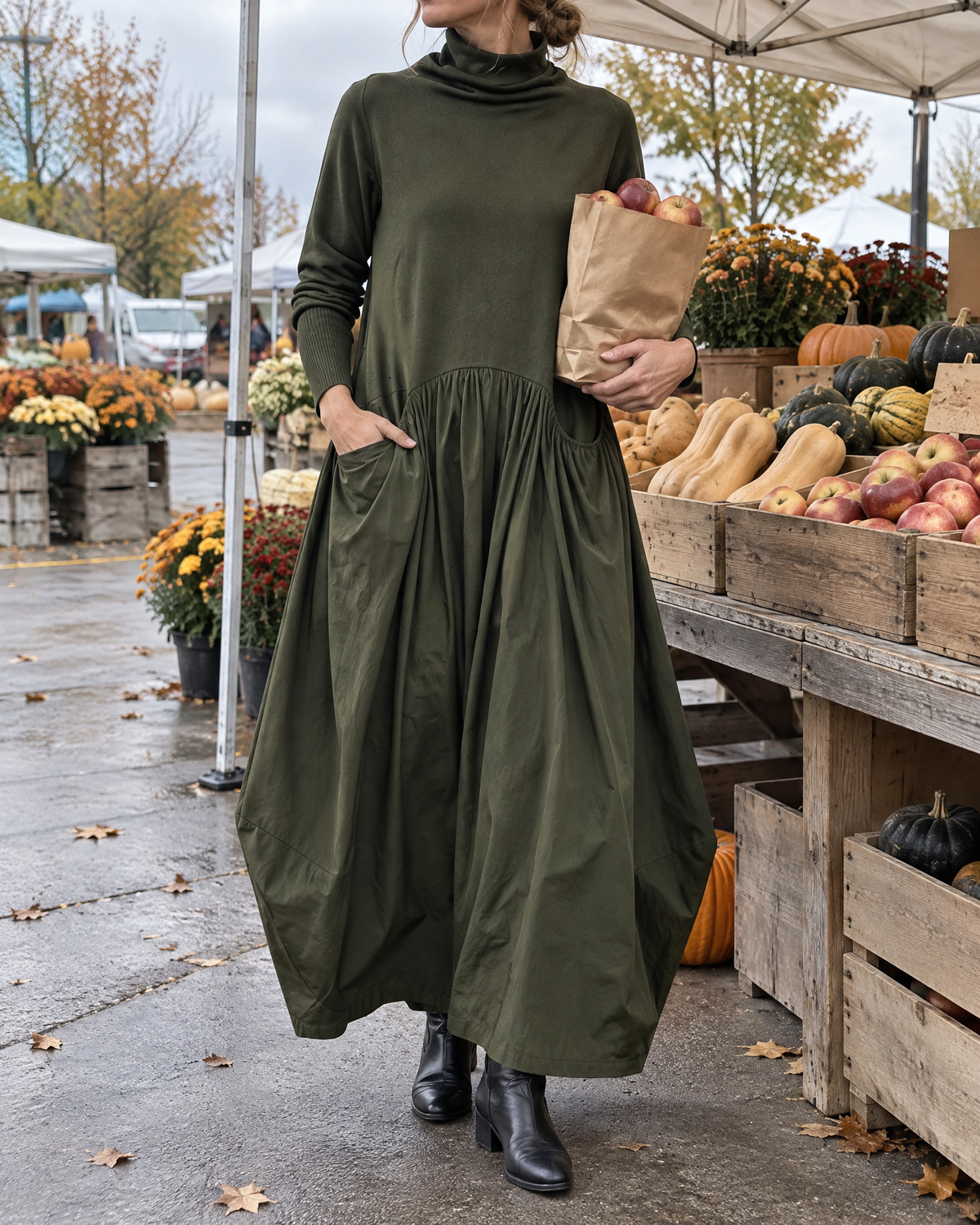 Genevieve | Turtleneck Gathered Maxi Dress