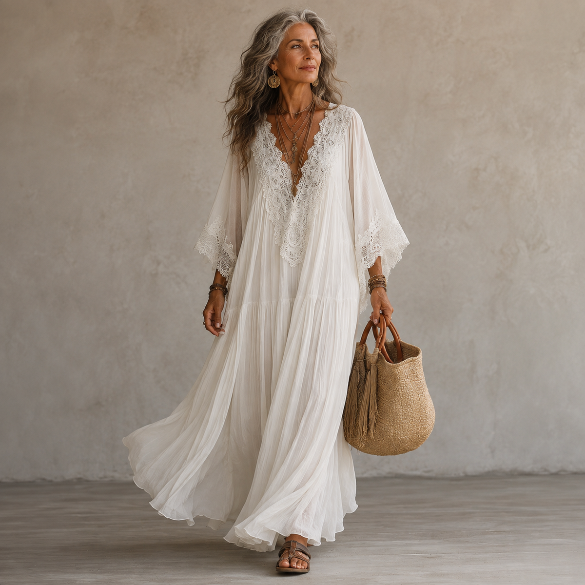 Valentina | Lace Trim Chiffon Maxi Dress