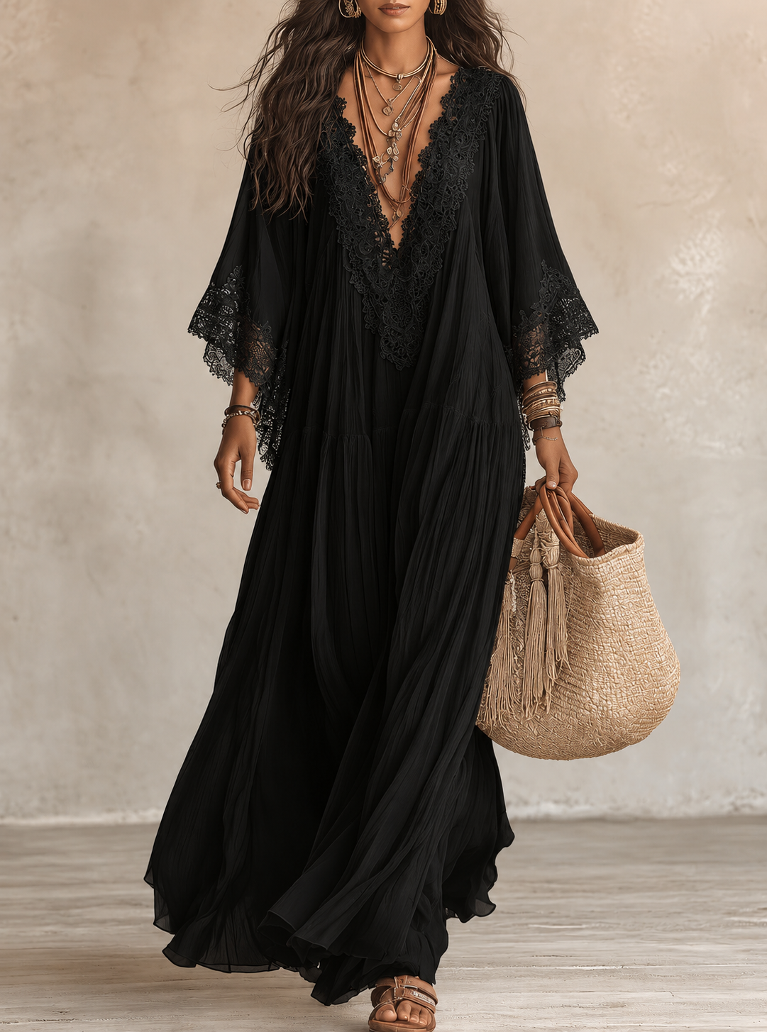 Valentina | Lace Trim Chiffon Maxi Dress