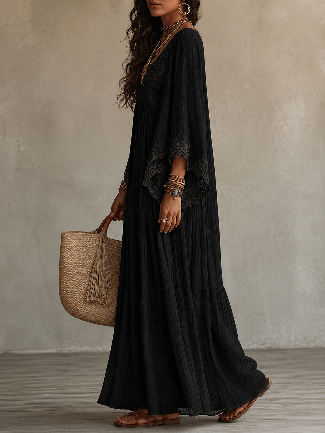 Valentina | Lace Trim Chiffon Maxi Dress