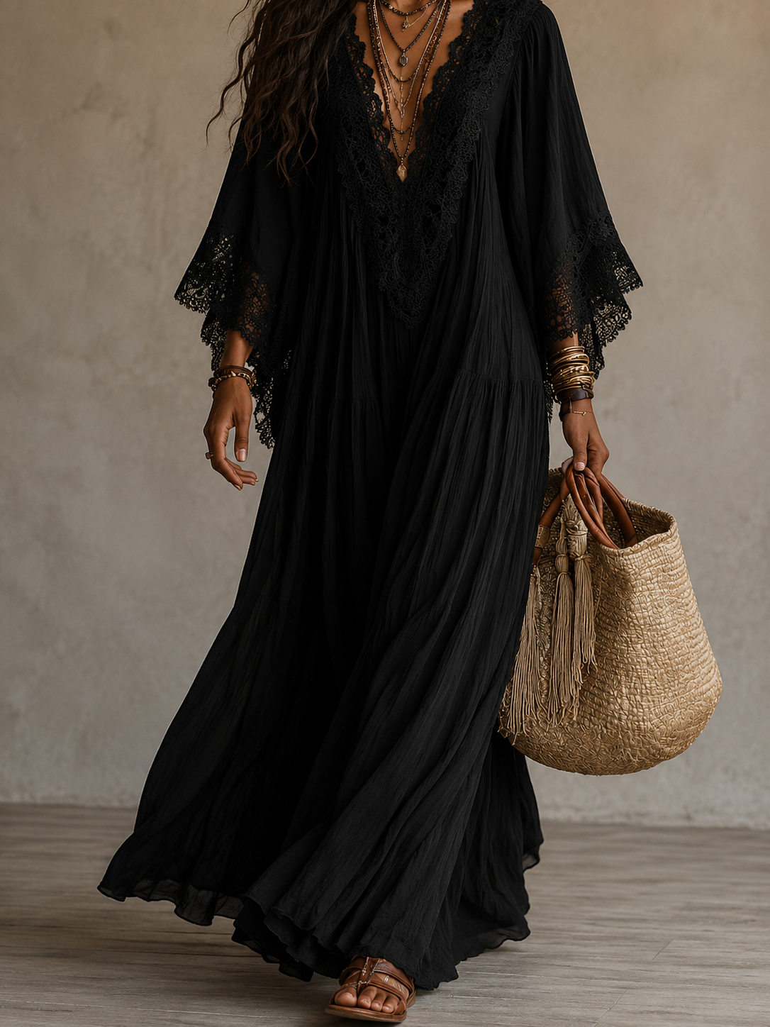 Valentina | Lace Trim Chiffon Maxi Dress