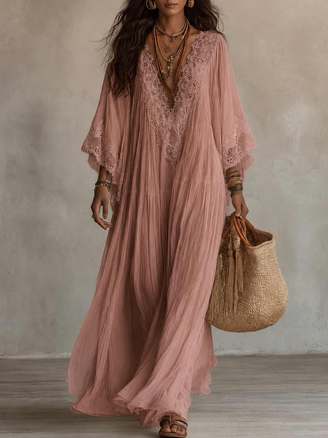 Valentina | Lace Trim Chiffon Maxi Dress