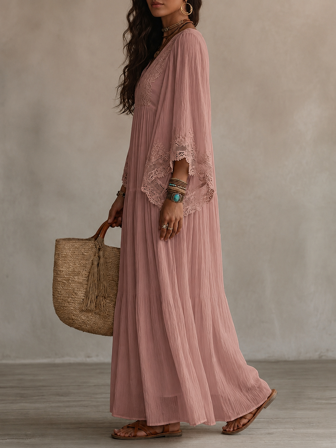 Valentina | Lace Trim Chiffon Maxi Dress
