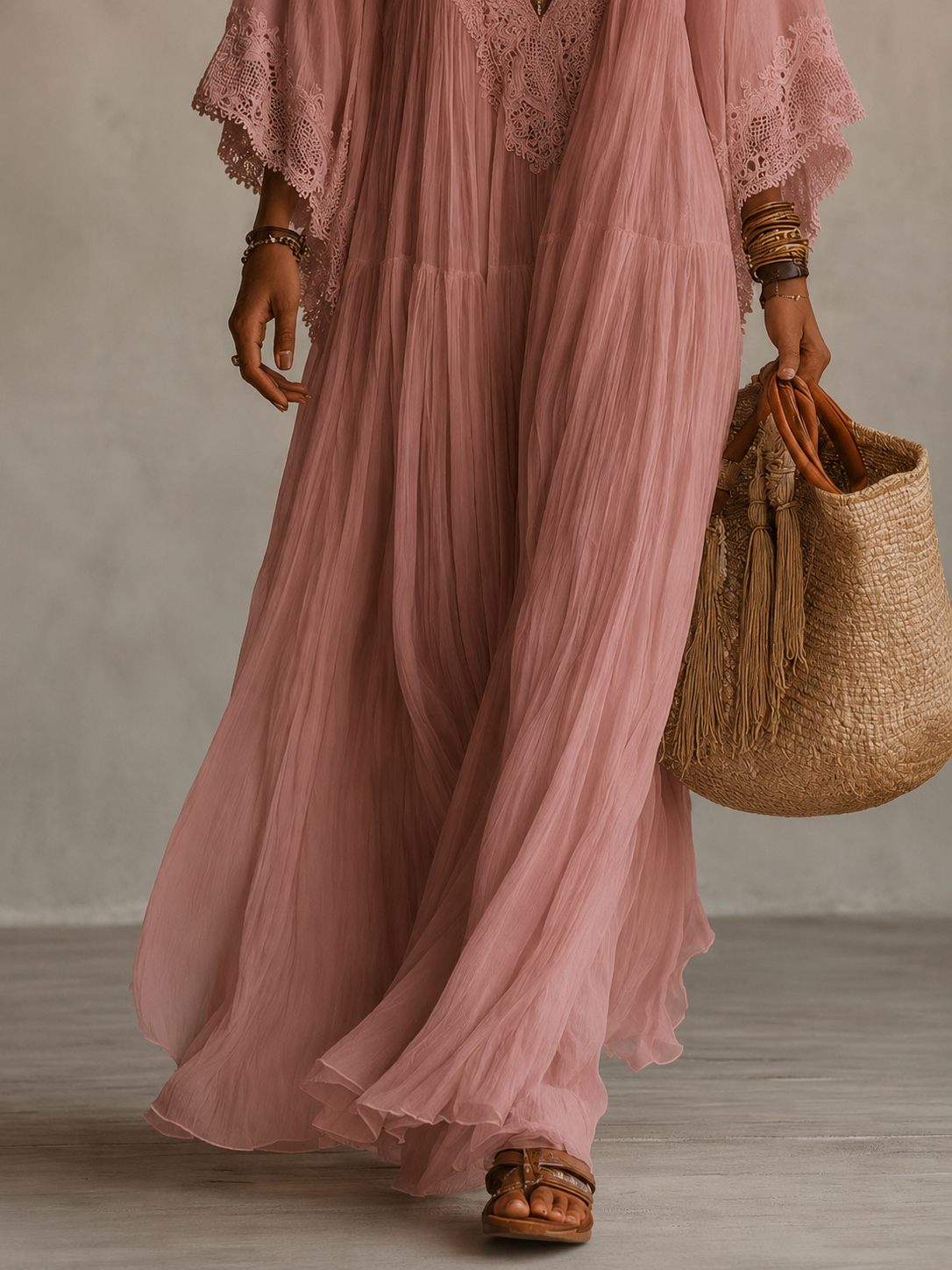 Valentina | Lace Trim Chiffon Maxi Dress