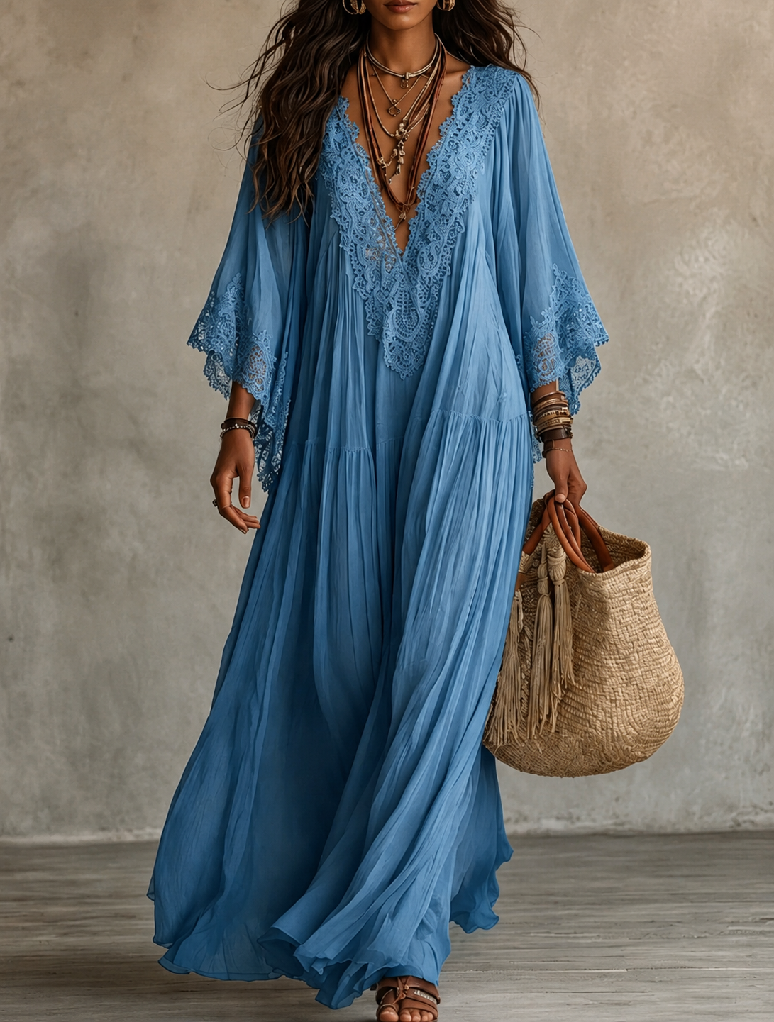 Valentina | Lace Trim Chiffon Maxi Dress