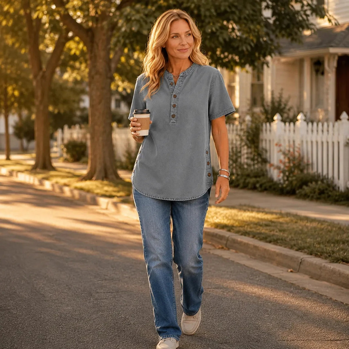 Nerine | Side-Button Henley Tunic Top
