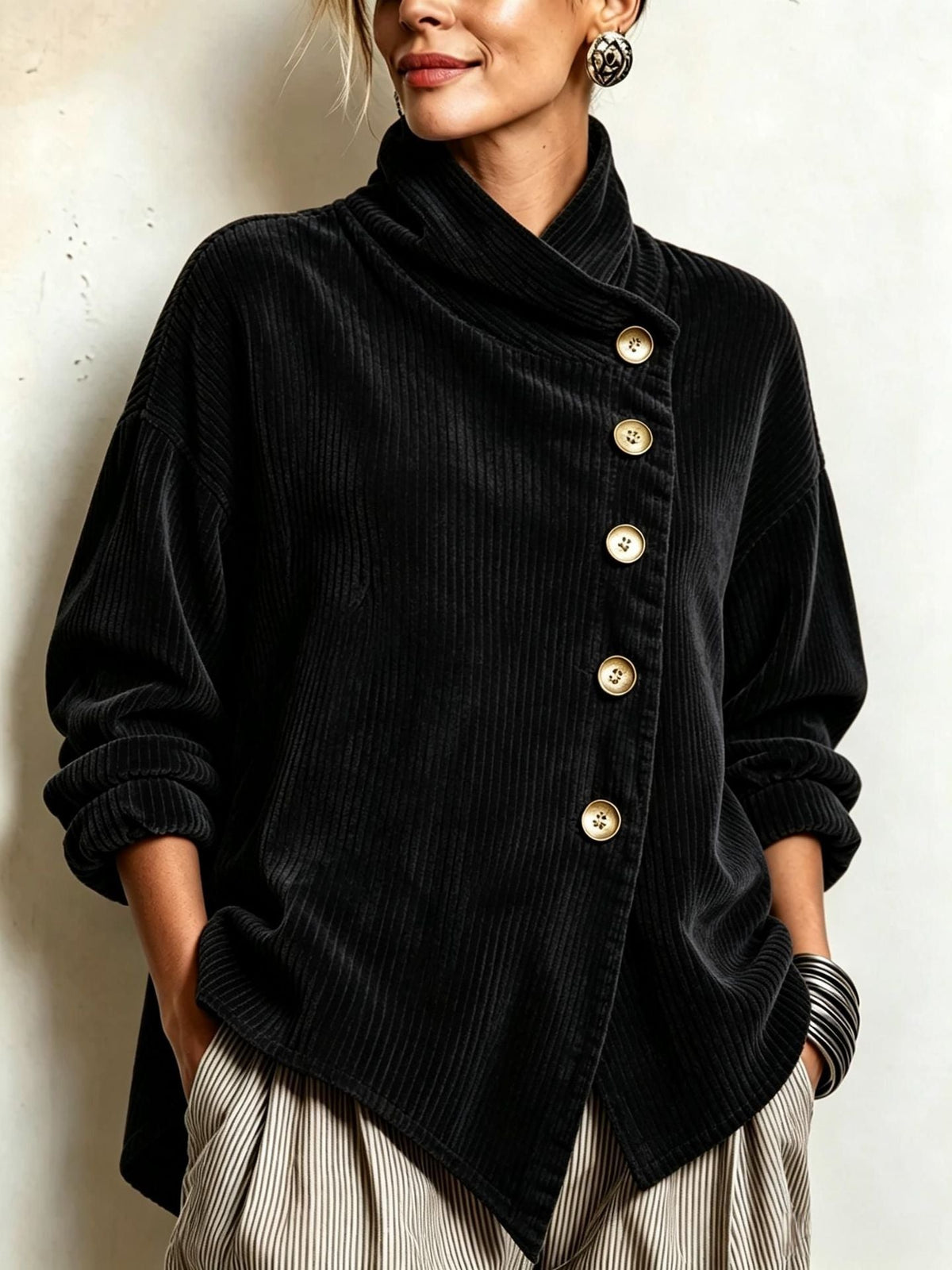 Coralie | Asymmetric Button Ribbed Sweater