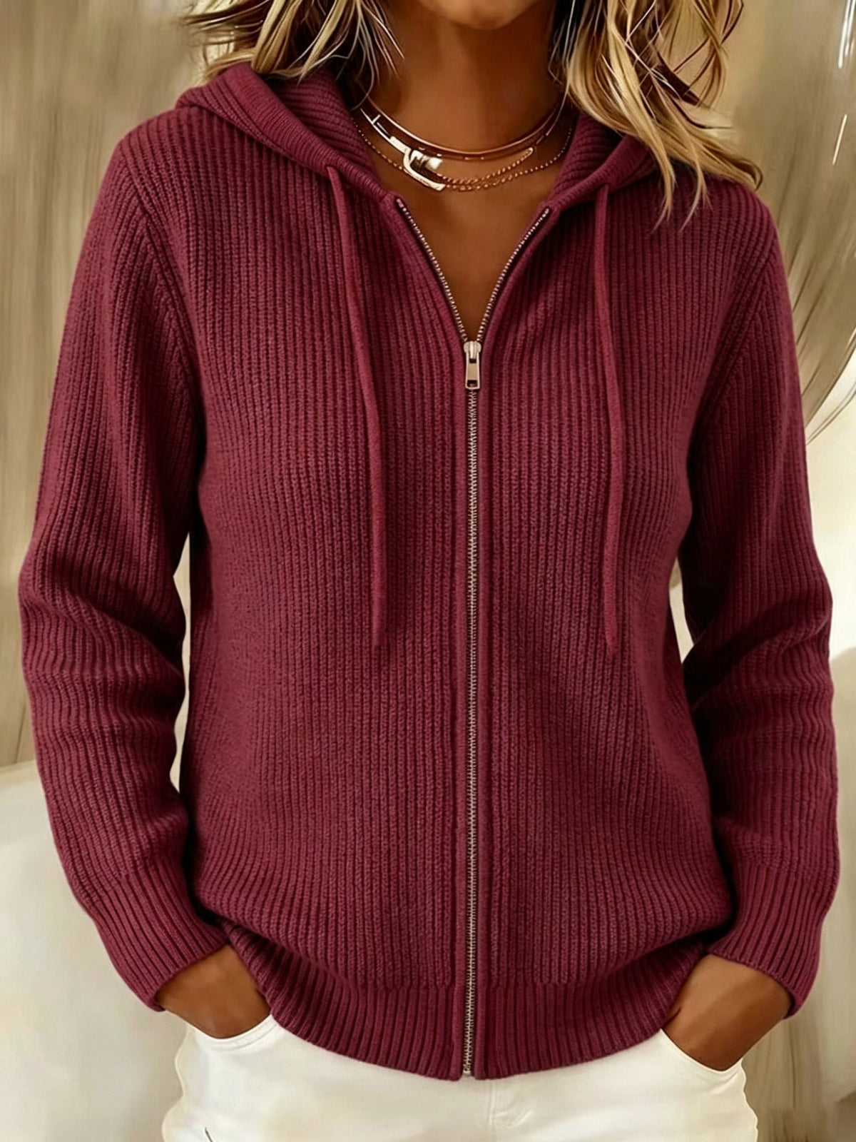 Rosalind | Ribbed Zip-Up Hooded Cardigan