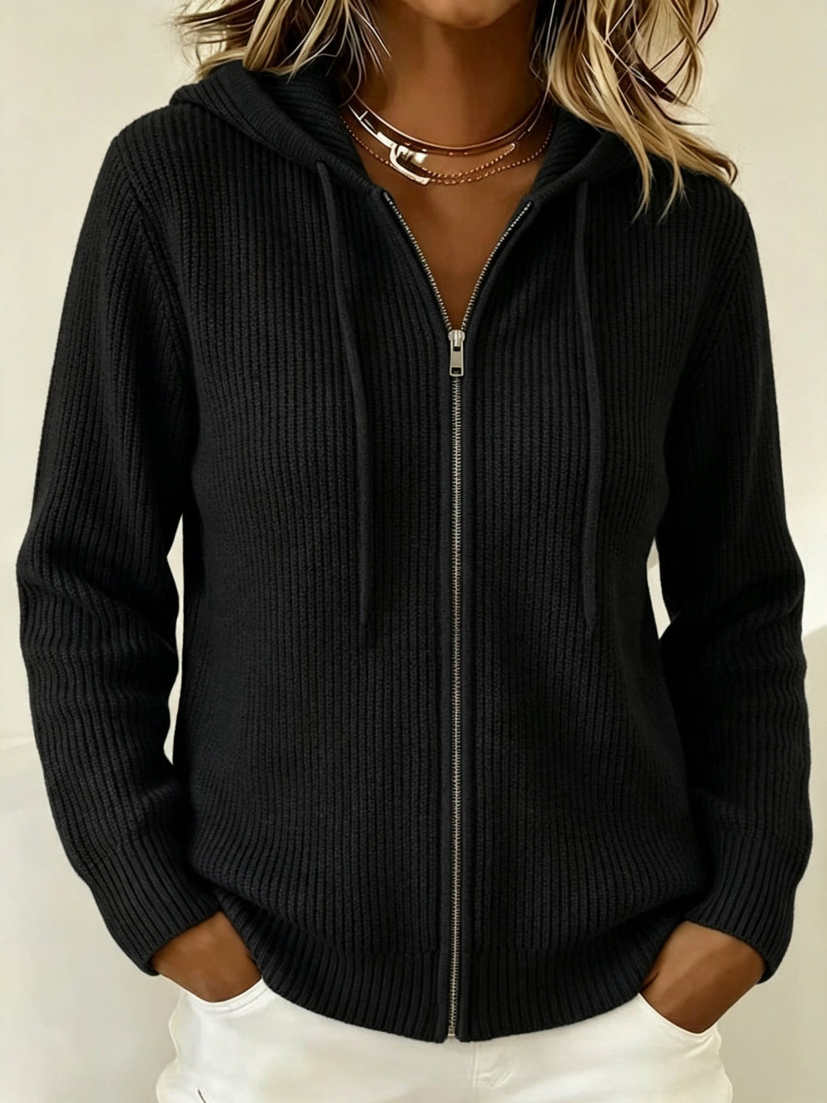 Rosalind | Ribbed Zip-Up Hooded Cardigan