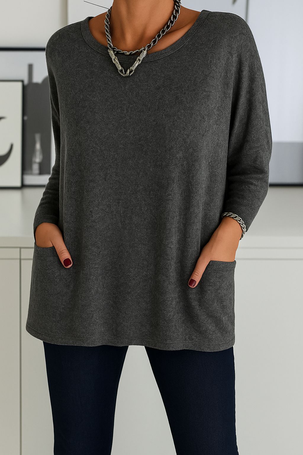 Roselyn | Oversized Pocket Crew-Neck Sweater