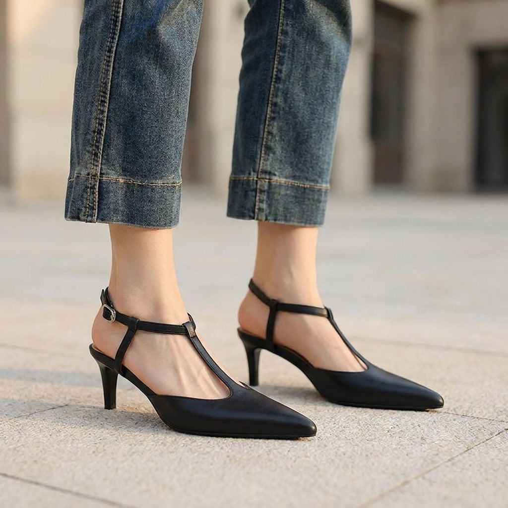 Messina | T-Strap Slingback Leather Heels