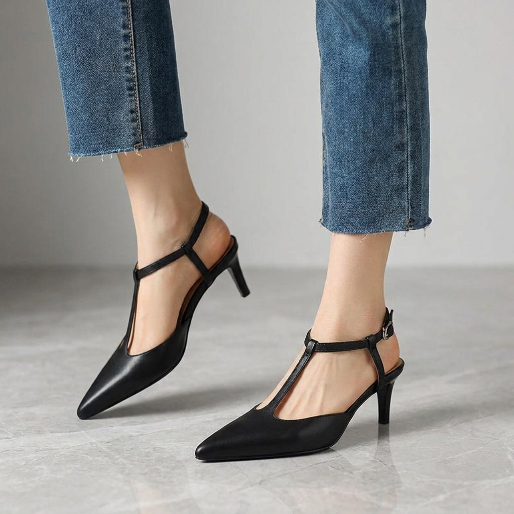 Messina | T-Strap Slingback Leather Heels