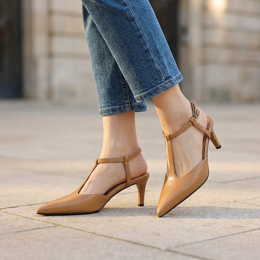 Messina | T-Strap Slingback Leather Heels