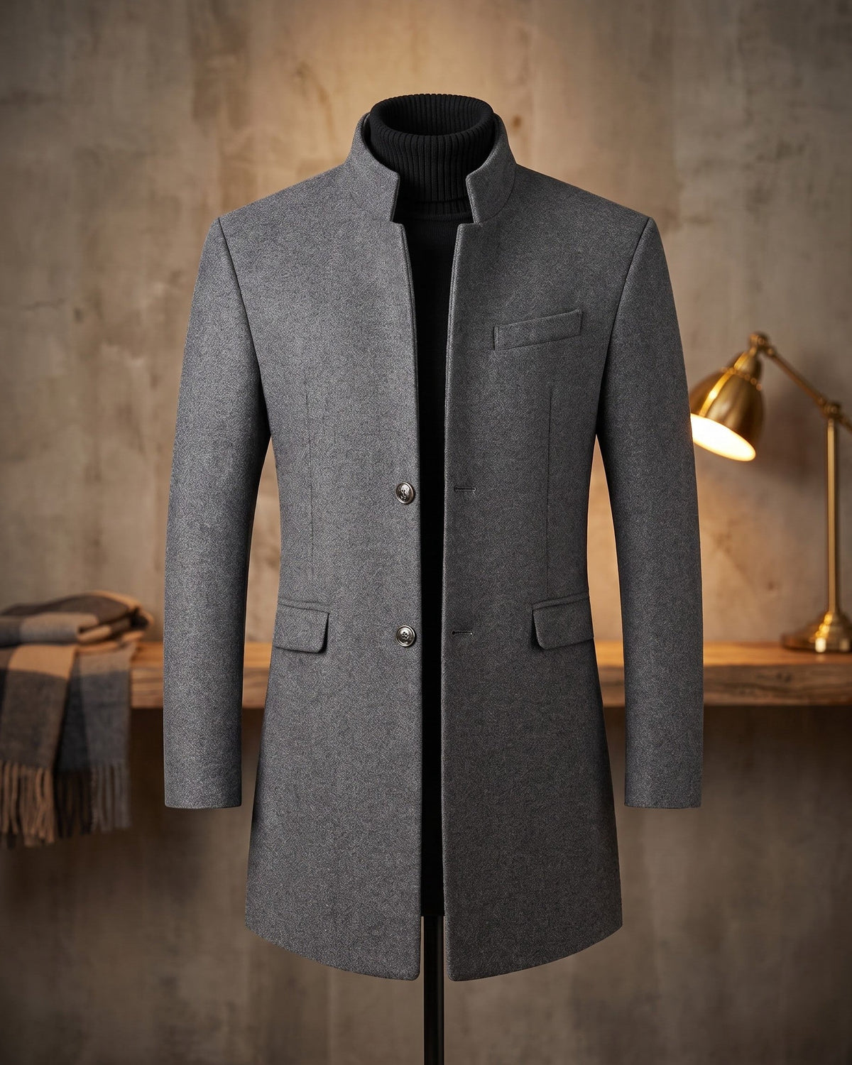 Damian | Mandarin-Collar Long Overcoat
