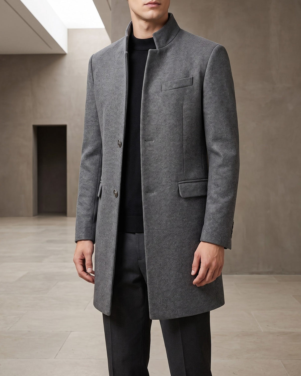 Damian | Mandarin-Collar Long Overcoat