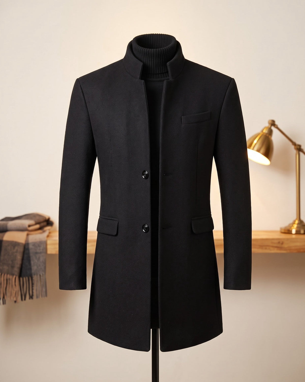 Damian | Mandarin-Collar Long Overcoat