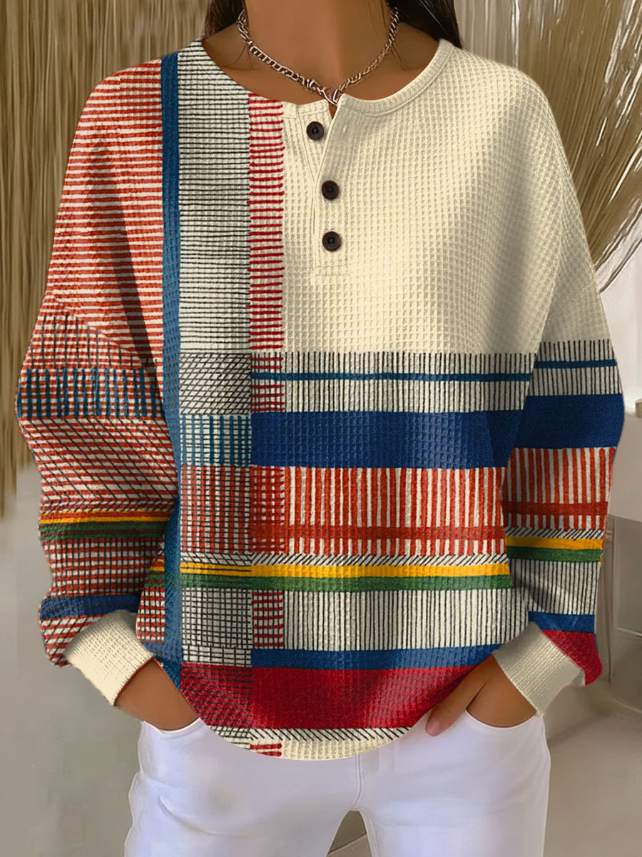 Linnea | Button-Neck Waffle Long-Sleeve Top