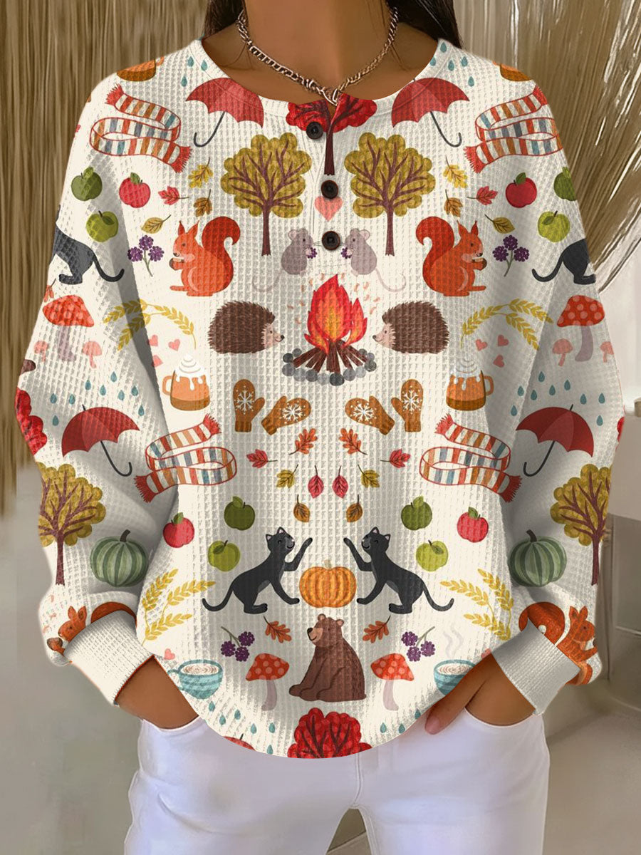 Linnea | Button-Neck Waffle Long-Sleeve Top