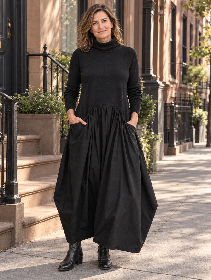 Genevieve | Turtleneck Gathered Maxi Dress