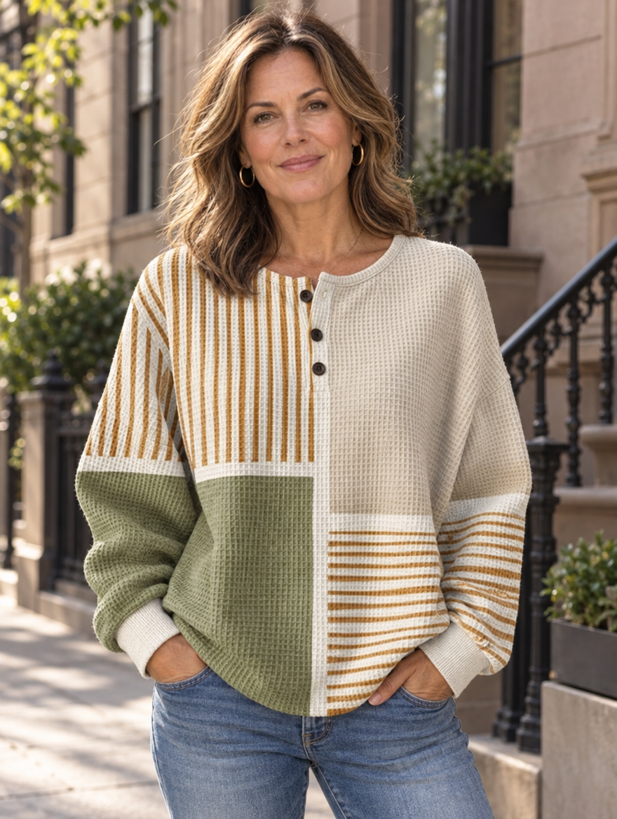 Linnea | Button-Neck Waffle Long-Sleeve Top