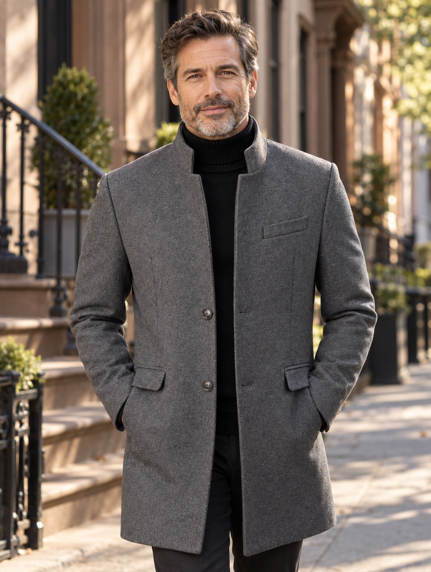 Damian | Mandarin-Collar Long Overcoat