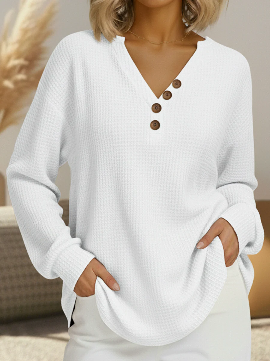 Linnea | Button-Neck Waffle Long-Sleeve Top
