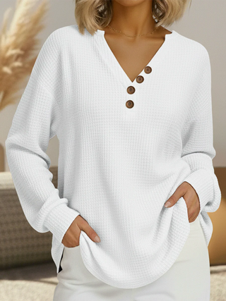 Linnea | Button-Neck Waffle Long-Sleeve Top