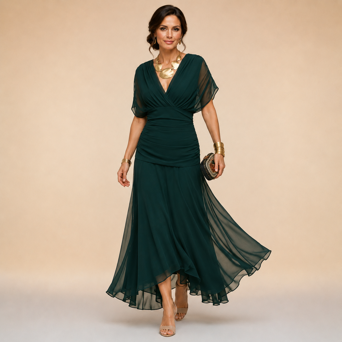 Madeline | Draped Sleeve Evening Gown