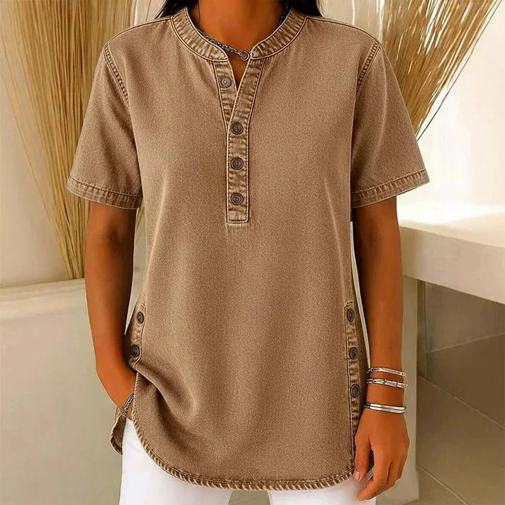 Nerine | Side-Button Henley Tunic Top