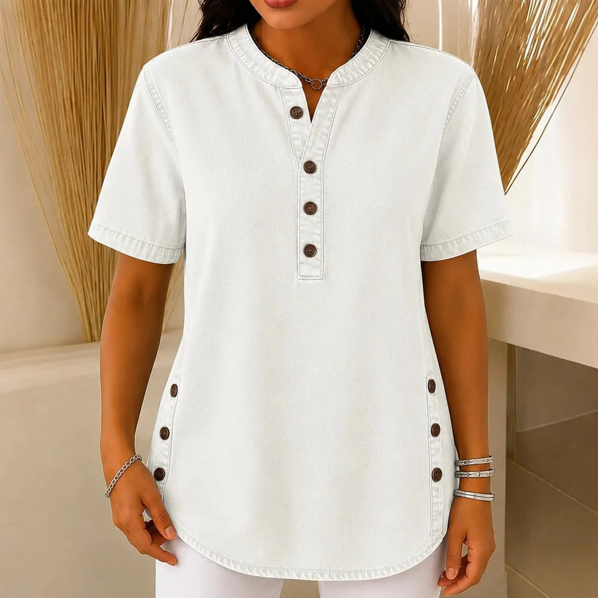 Nerine | Side-Button Henley Tunic Top