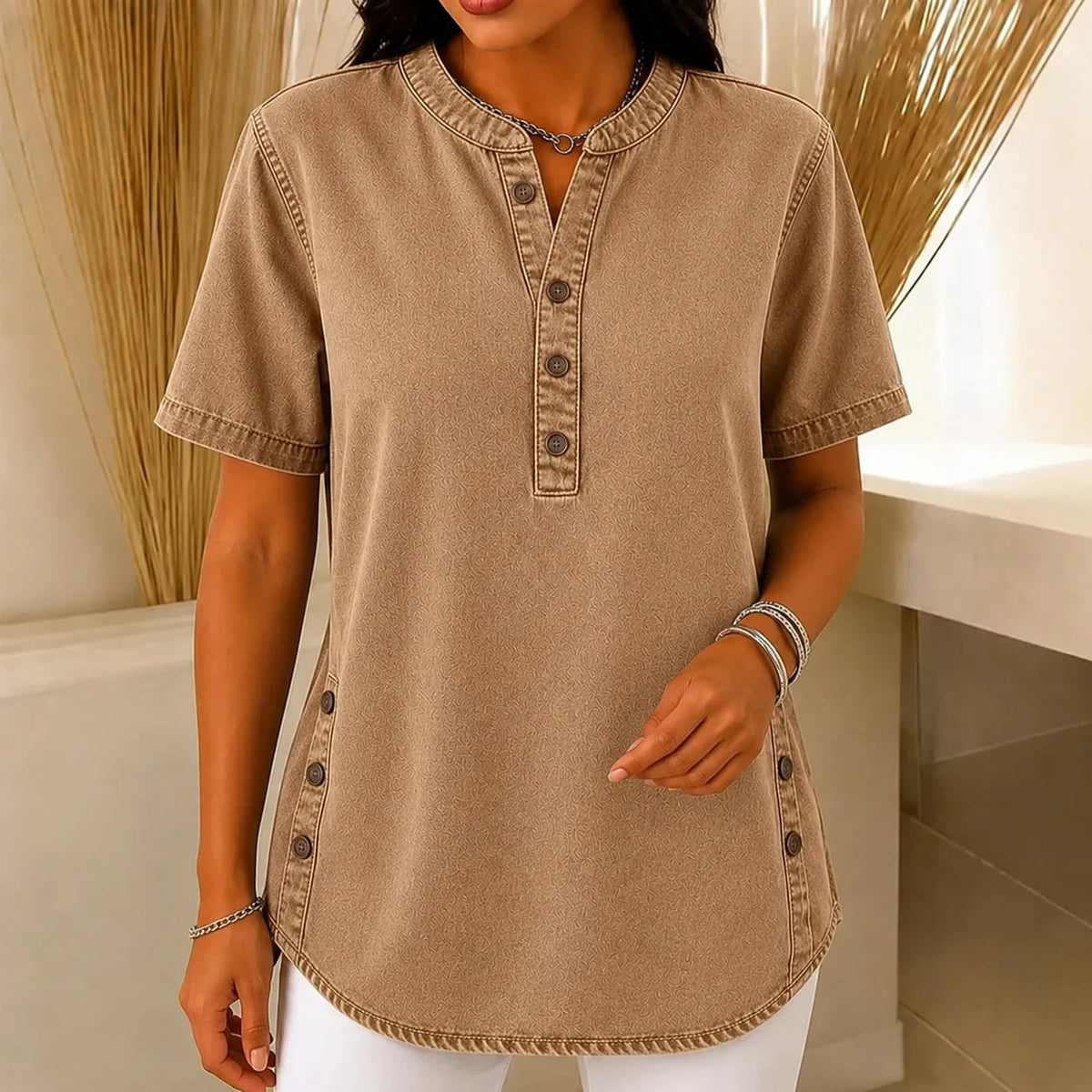 Nerine | Side-Button Henley Tunic Top