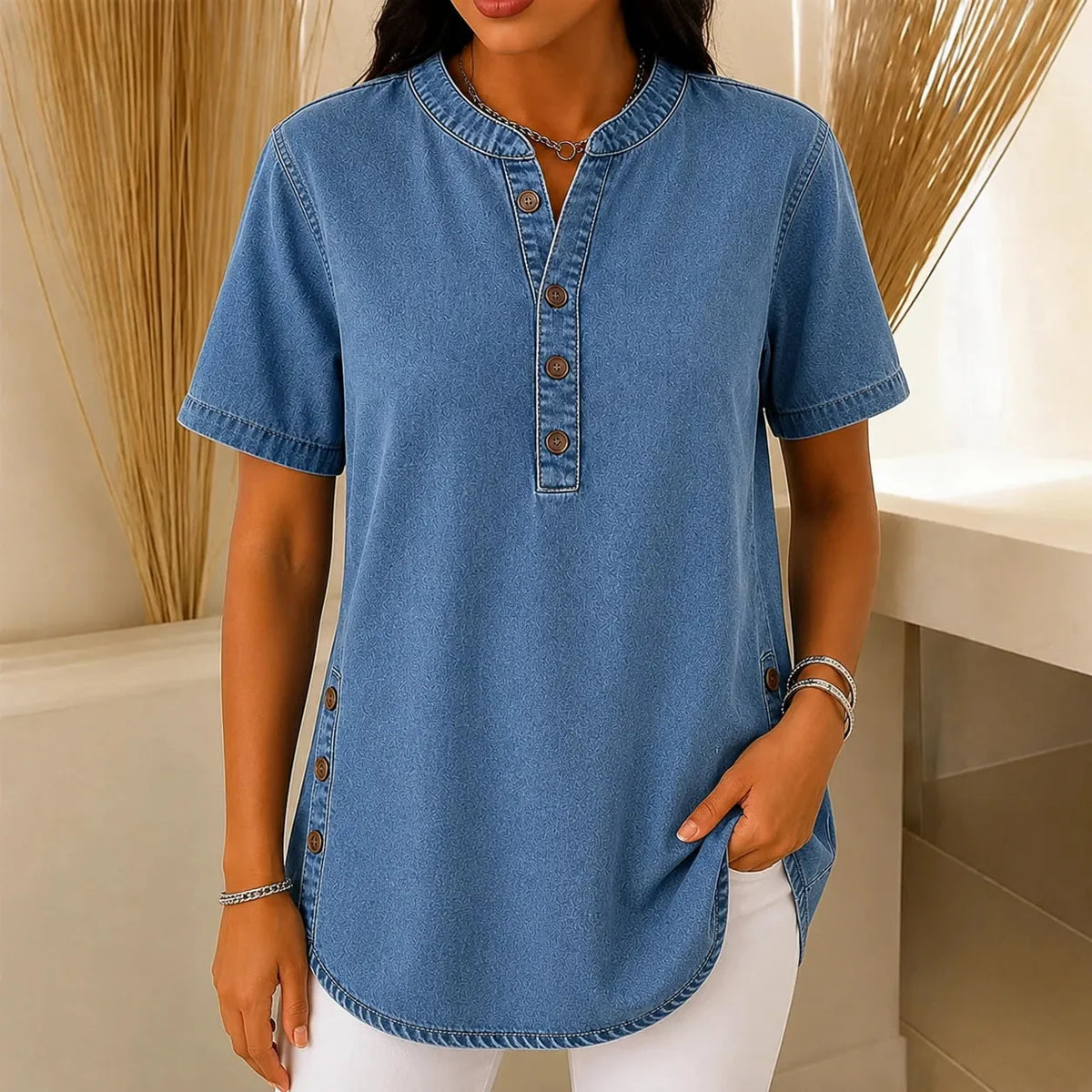 Nerine | Side-Button Henley Tunic Top