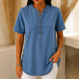 Nerine | Side-Button Henley Tunic Top